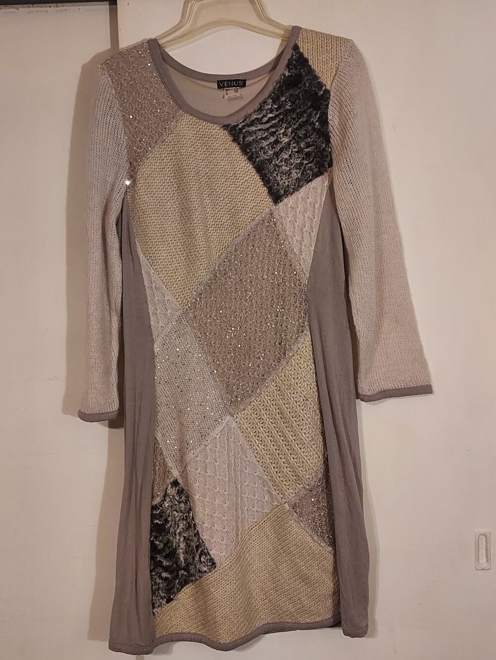 VENUS Patchwork Knit Long Sleeve Dress in Neutral Taupe Large